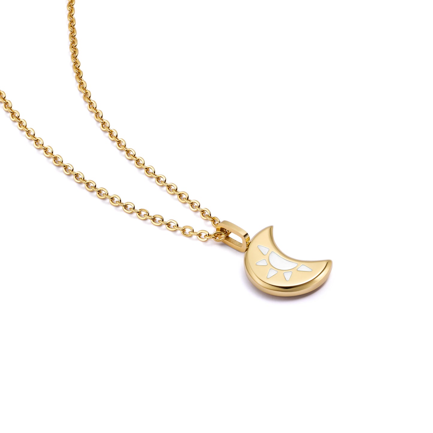 Gold LUNA necklace with a crescent moon pendant on a white background