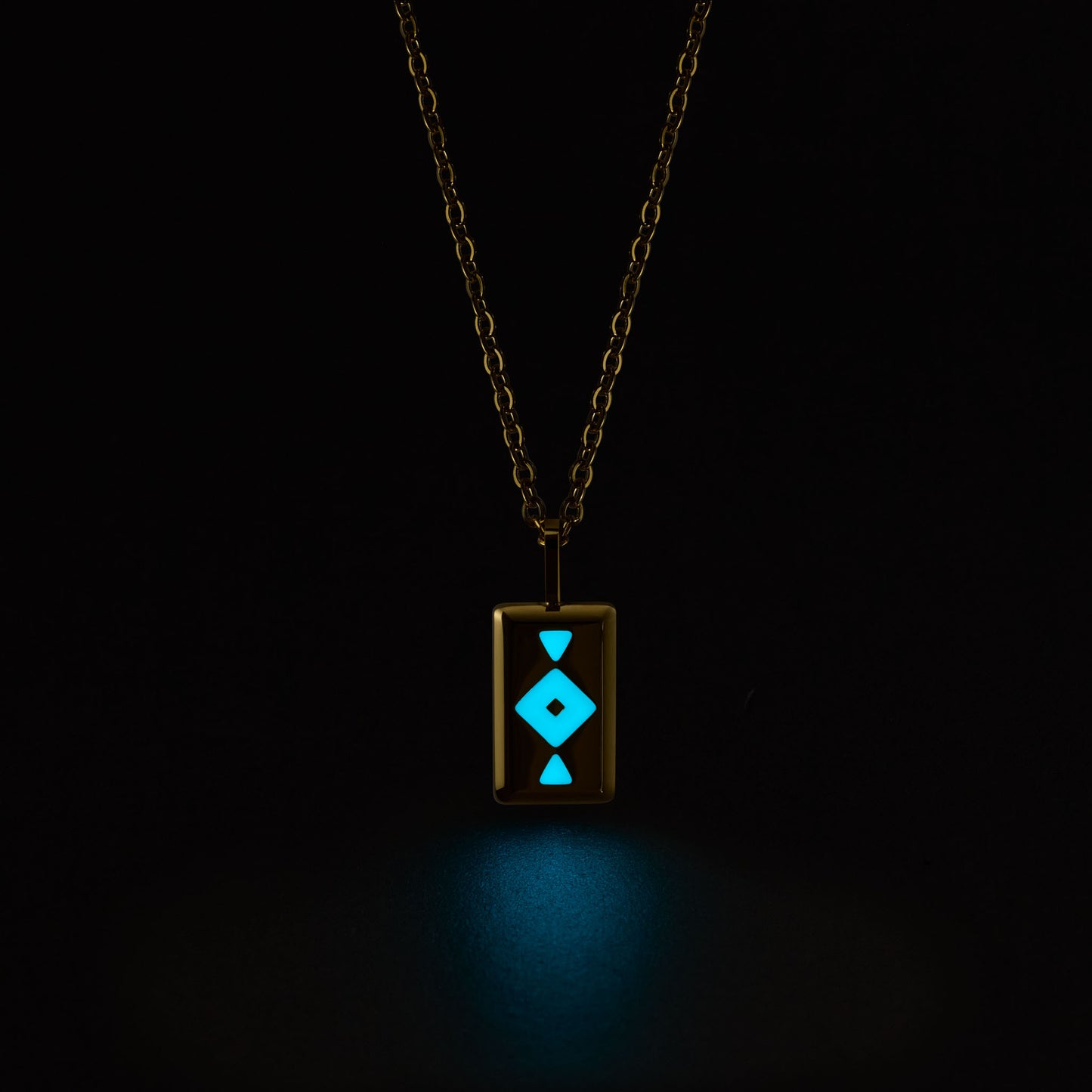GAIA Necklace with a glowing blue pendant on a black background