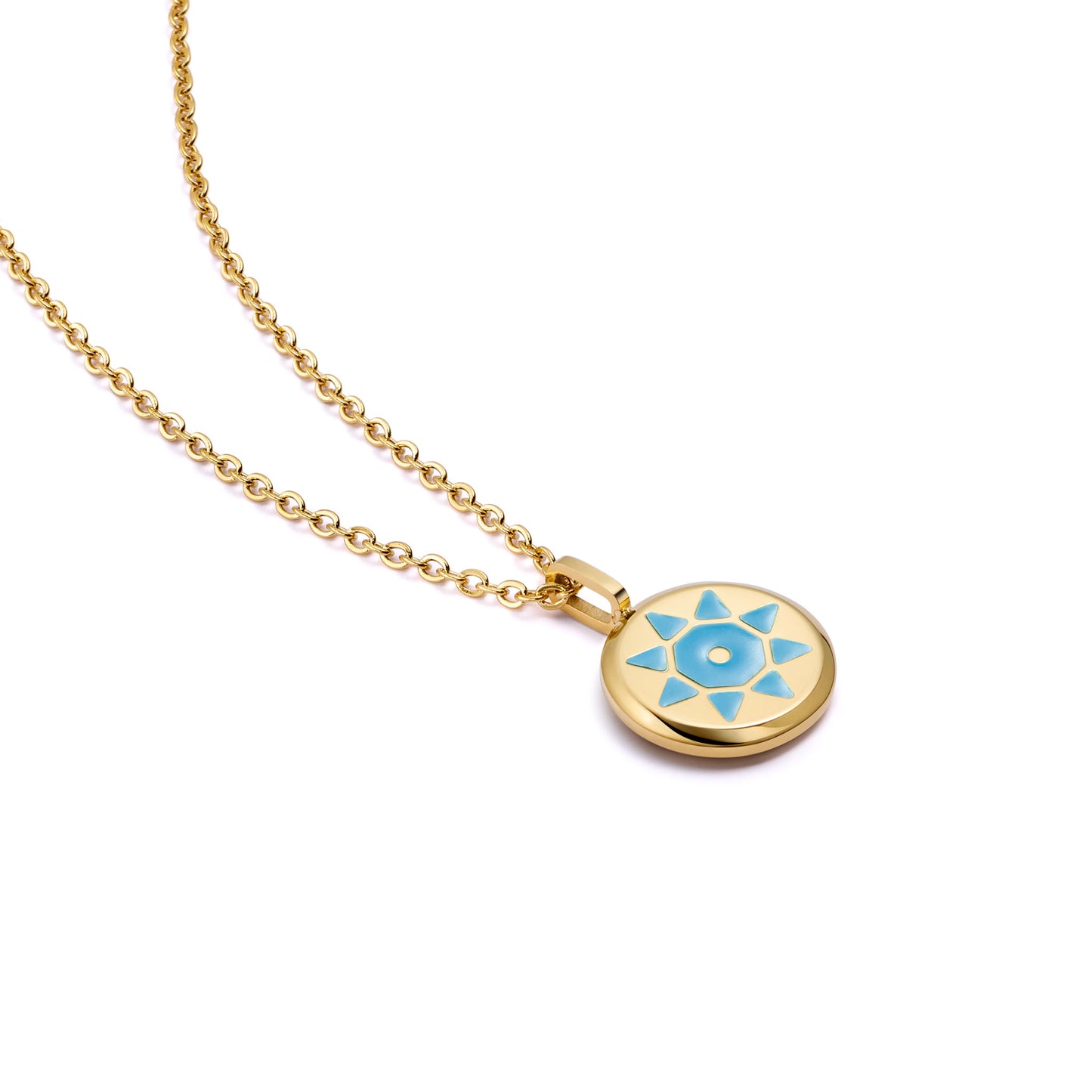 Gold SOLIS necklace with a gold and blue pendant 