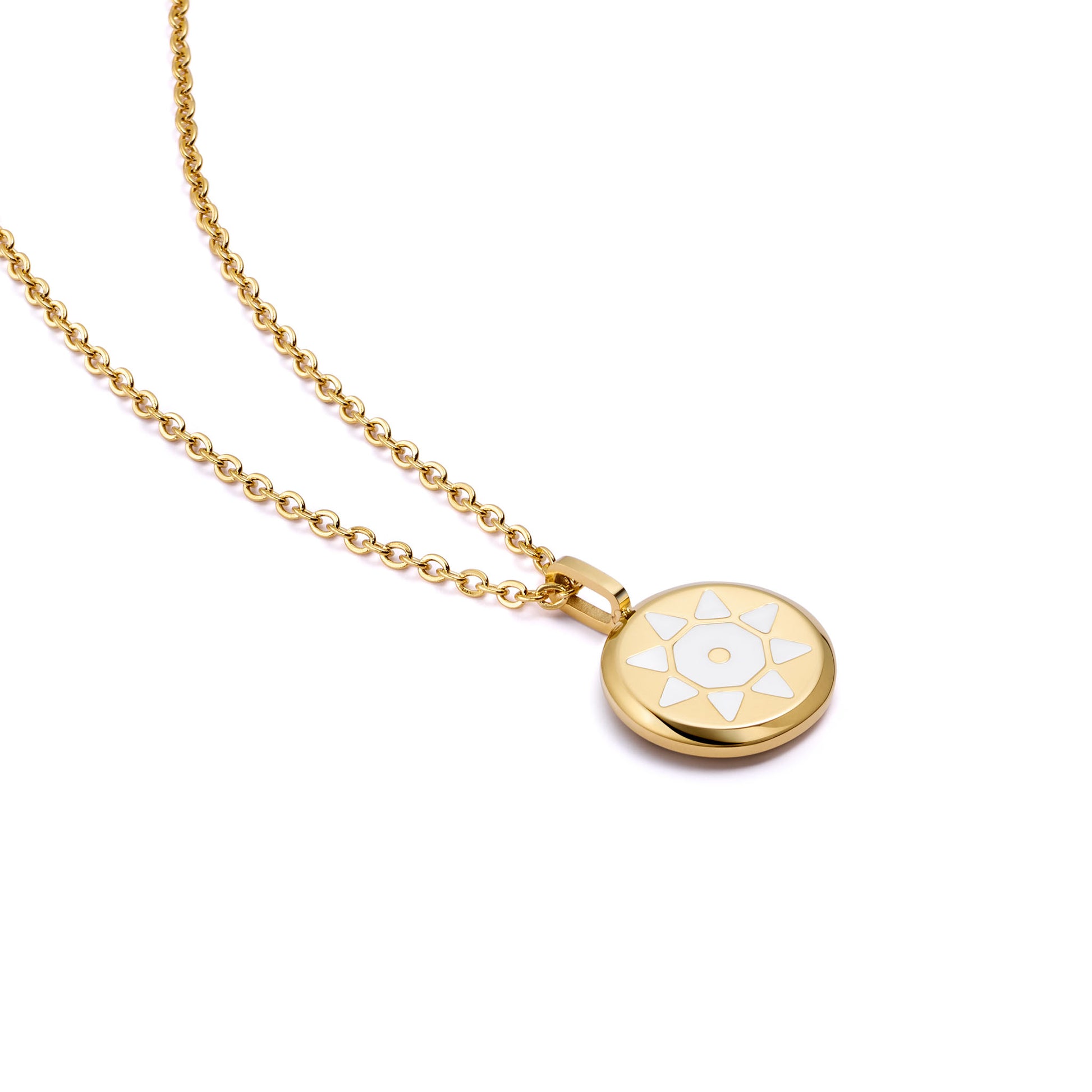 Gold SOLIS necklace with a round pendant featuring a white sun design 