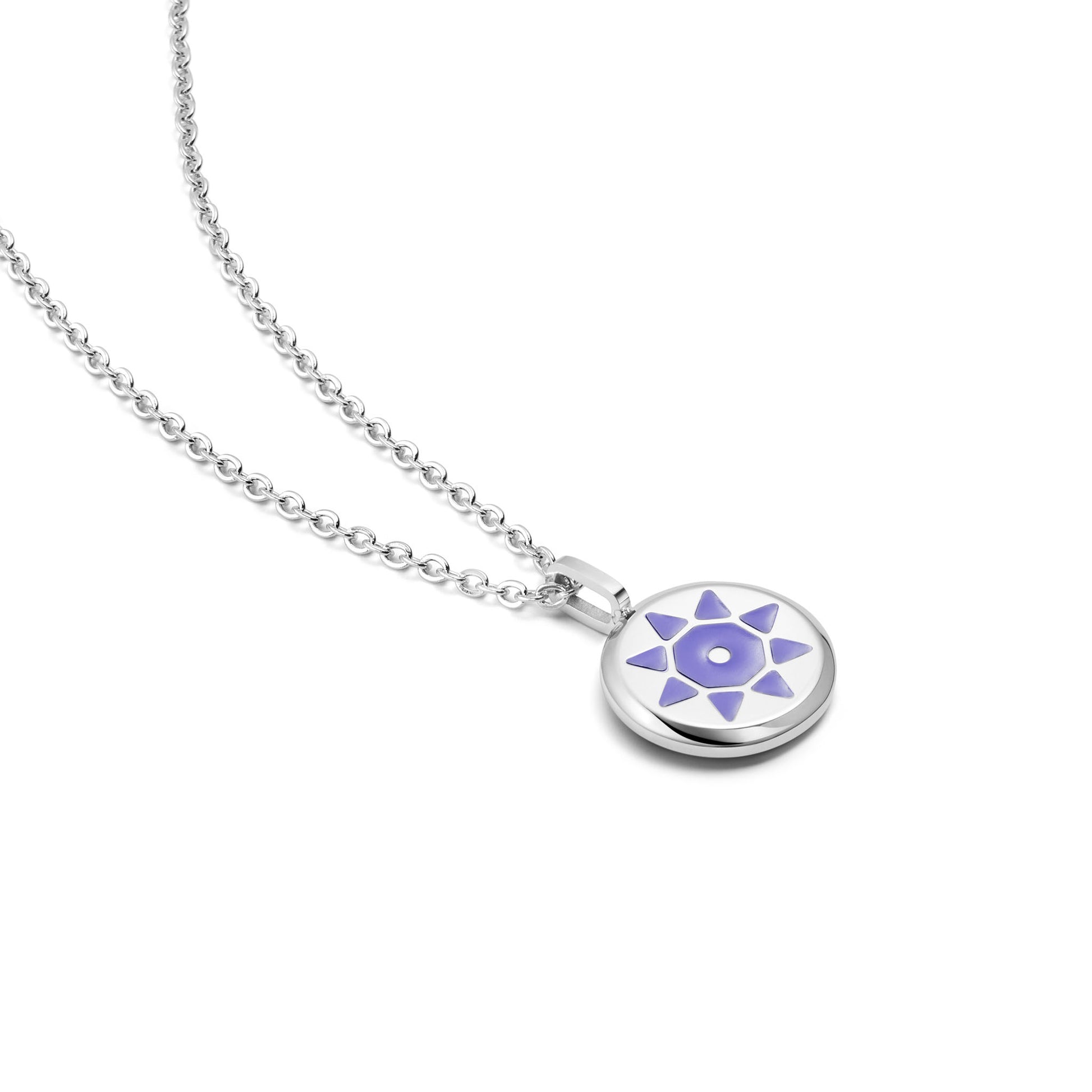 Silver SOLIS necklace with a round pendant featuring a purple sun design 