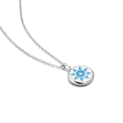 Silver SOLIS necklace with a round silver pendant featuring a blue design on a white background