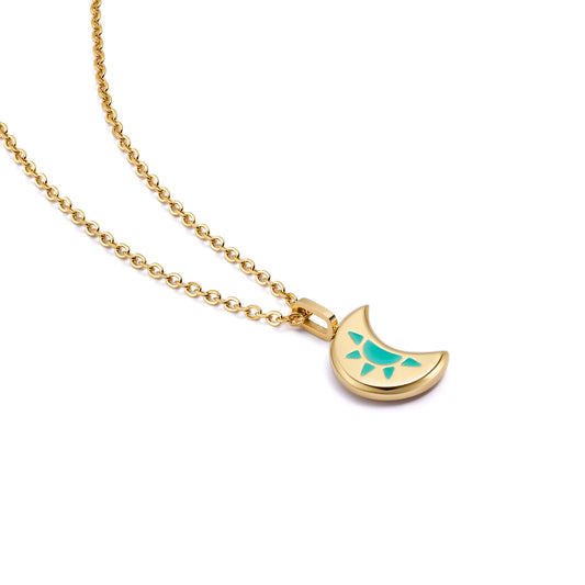 Gold LUNA necklace with a crescent moon pendant with a blue design
