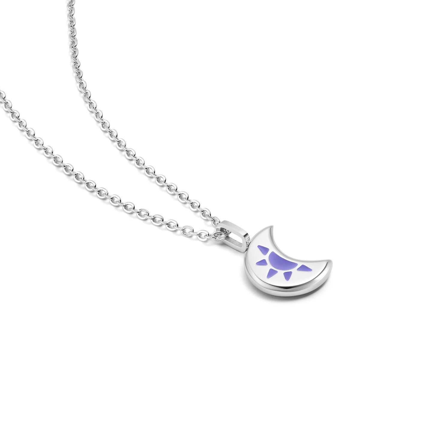 Silver LUNA necklace with a crescent moon pendant on a purple background