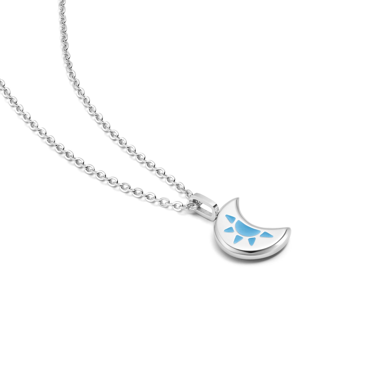 Silver LUNA necklace with a crescent moon pendant featuring a blue design 