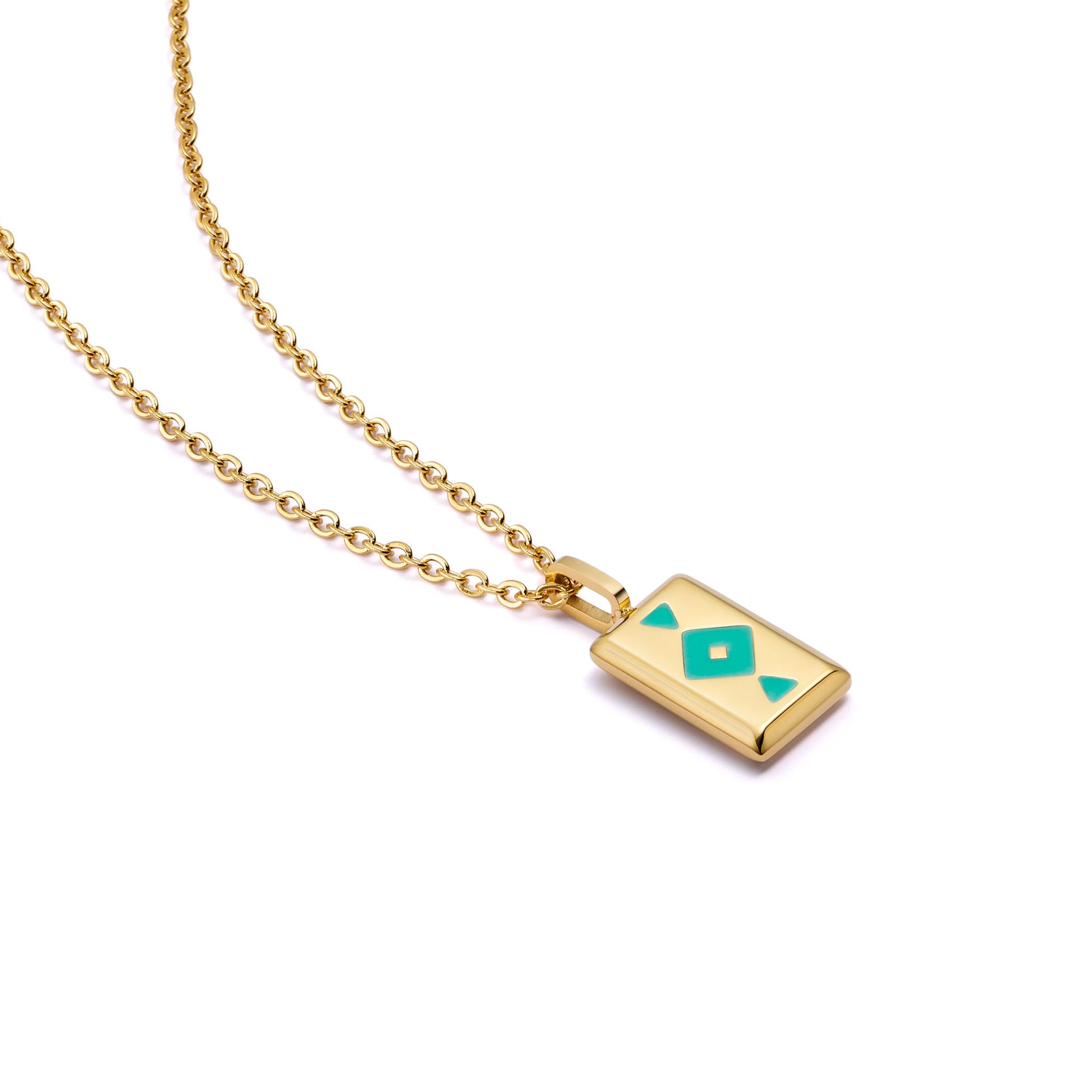 Gold GAIA necklace with a rectangular pendant featuring a green symbol on a white background