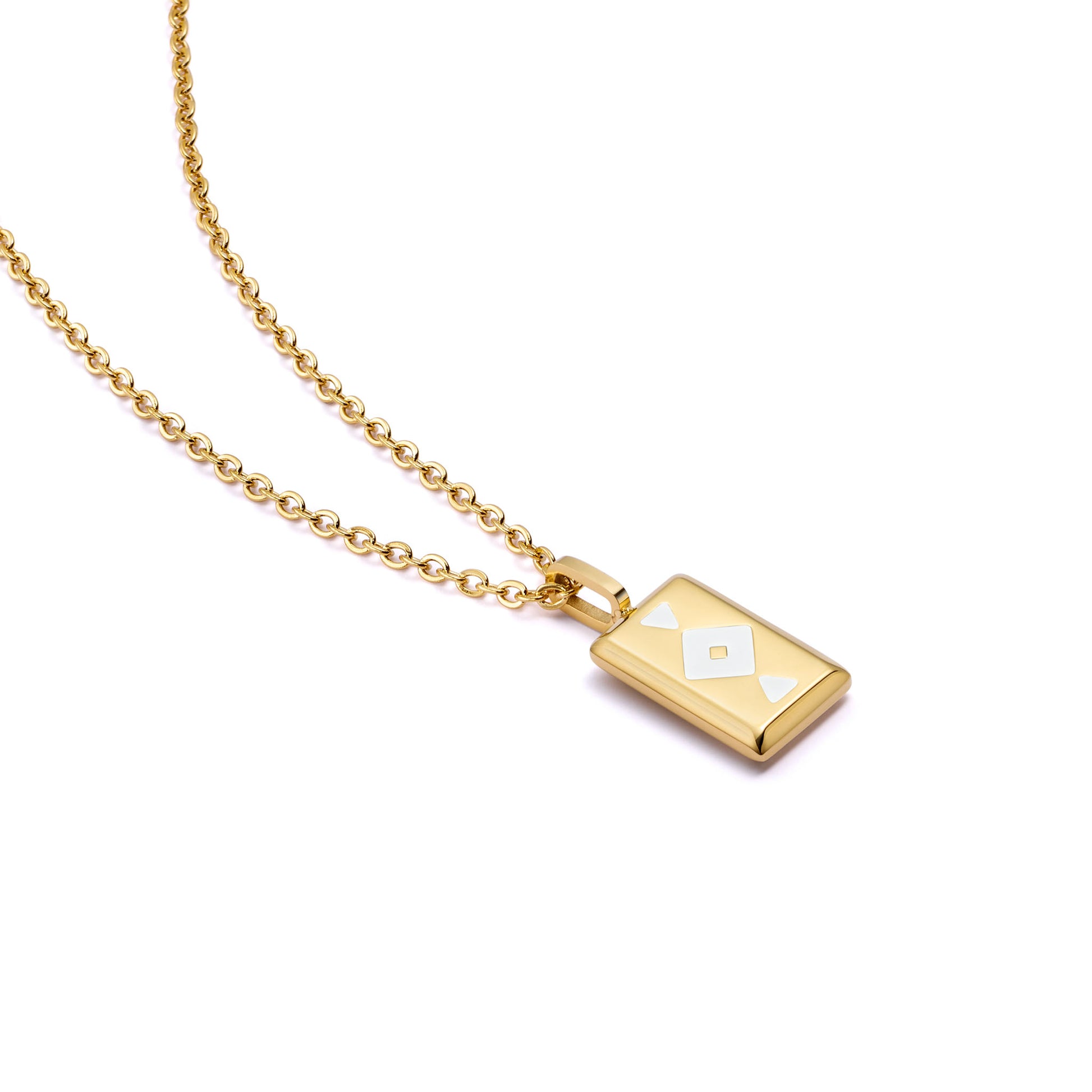 Gold GAIA necklace with a rectangular pendant on a white background