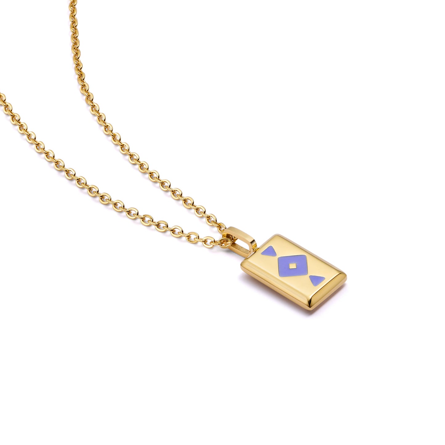 Gold GAIA necklace with a rectangular pendant featuring purple design on a white background