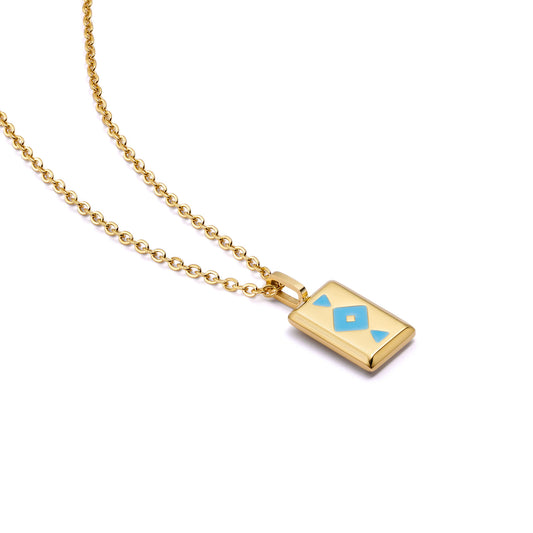 Gold GAIA necklace with a square pendant featuring a blue design on a white background