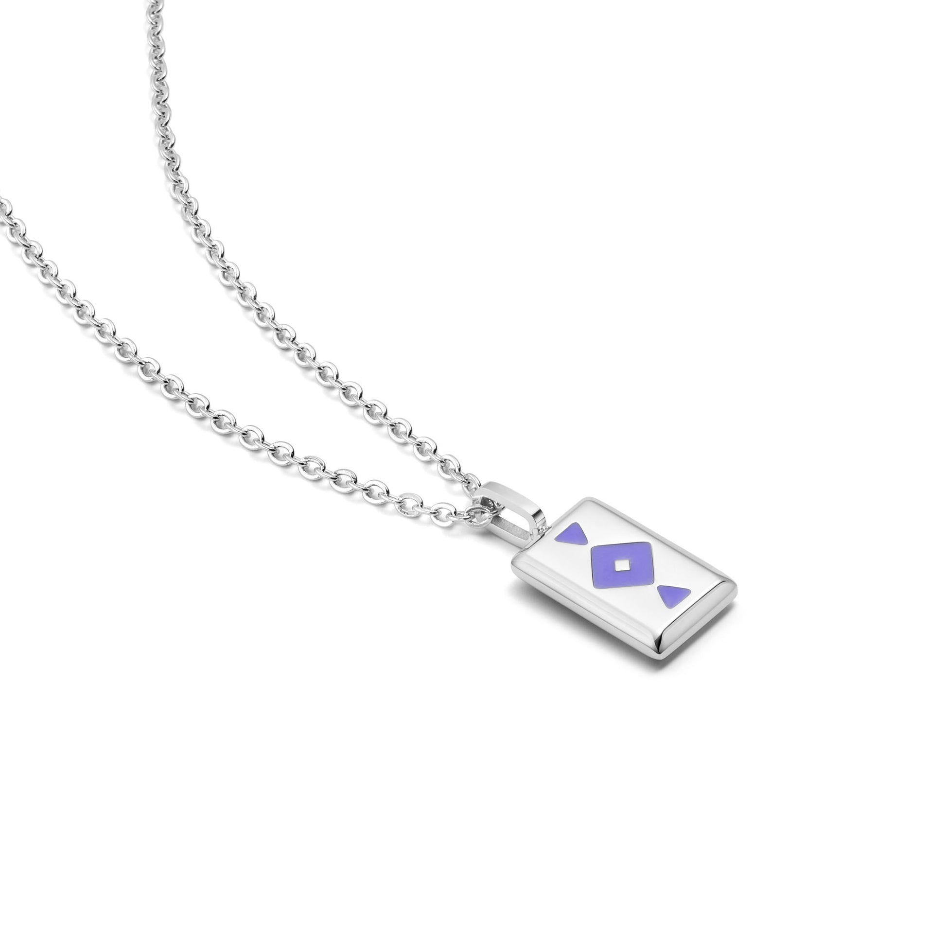 Silver GAIA necklace with a square pendant featuring a purple symbol on a white background