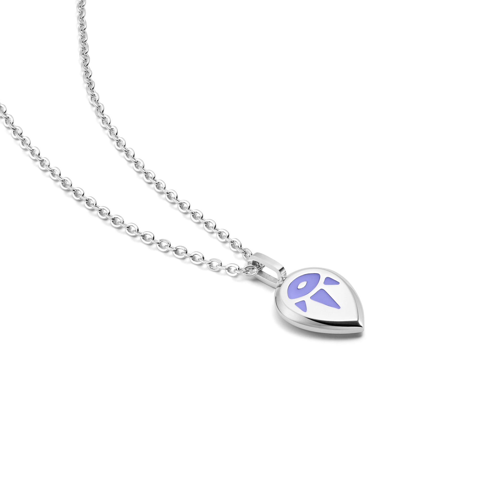 Silver SERENE necklace with a teardrop-shaped pendant featuring a purple design on a silver background