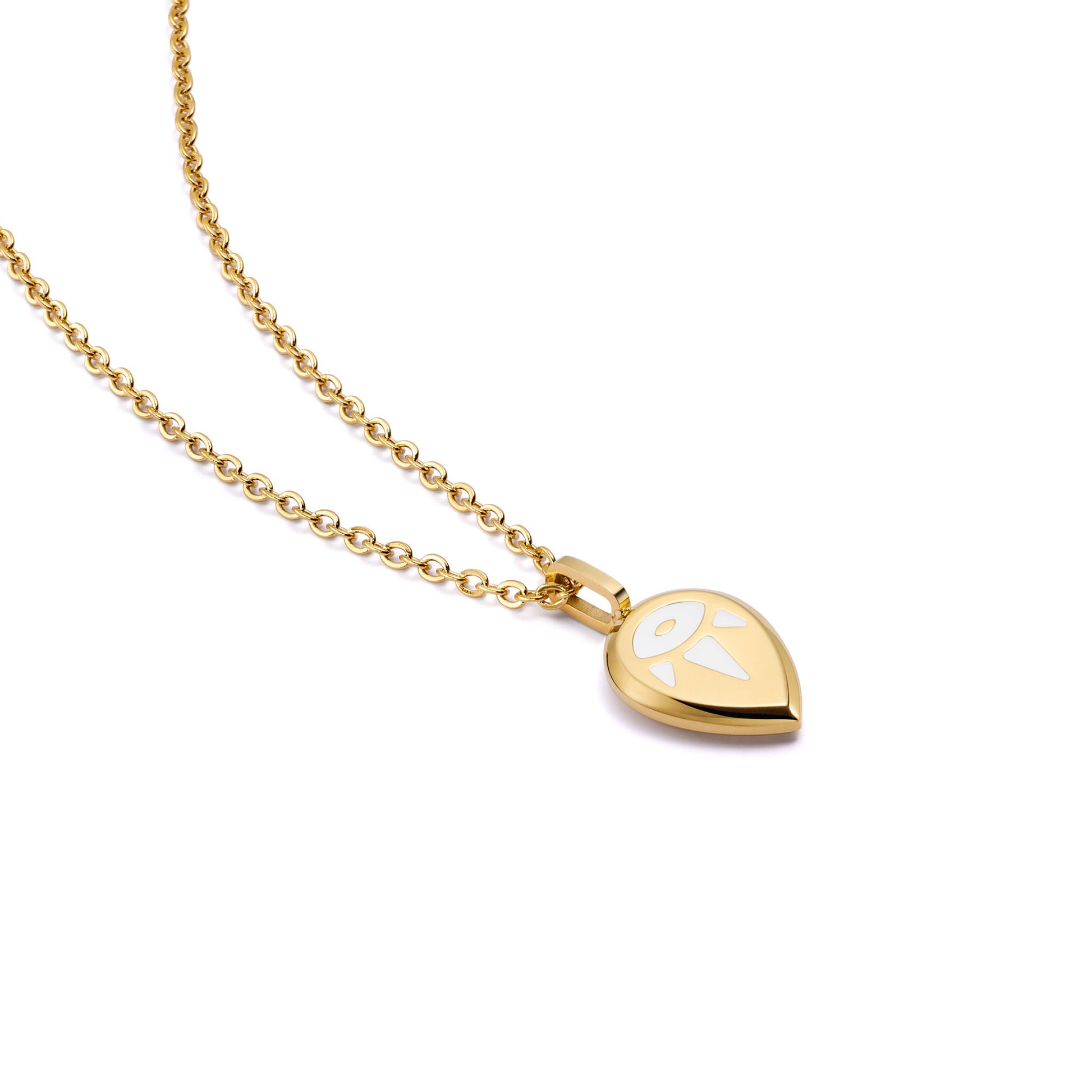 Gold SERENE necklace with a tear-drop shaped pendant with white embossing.