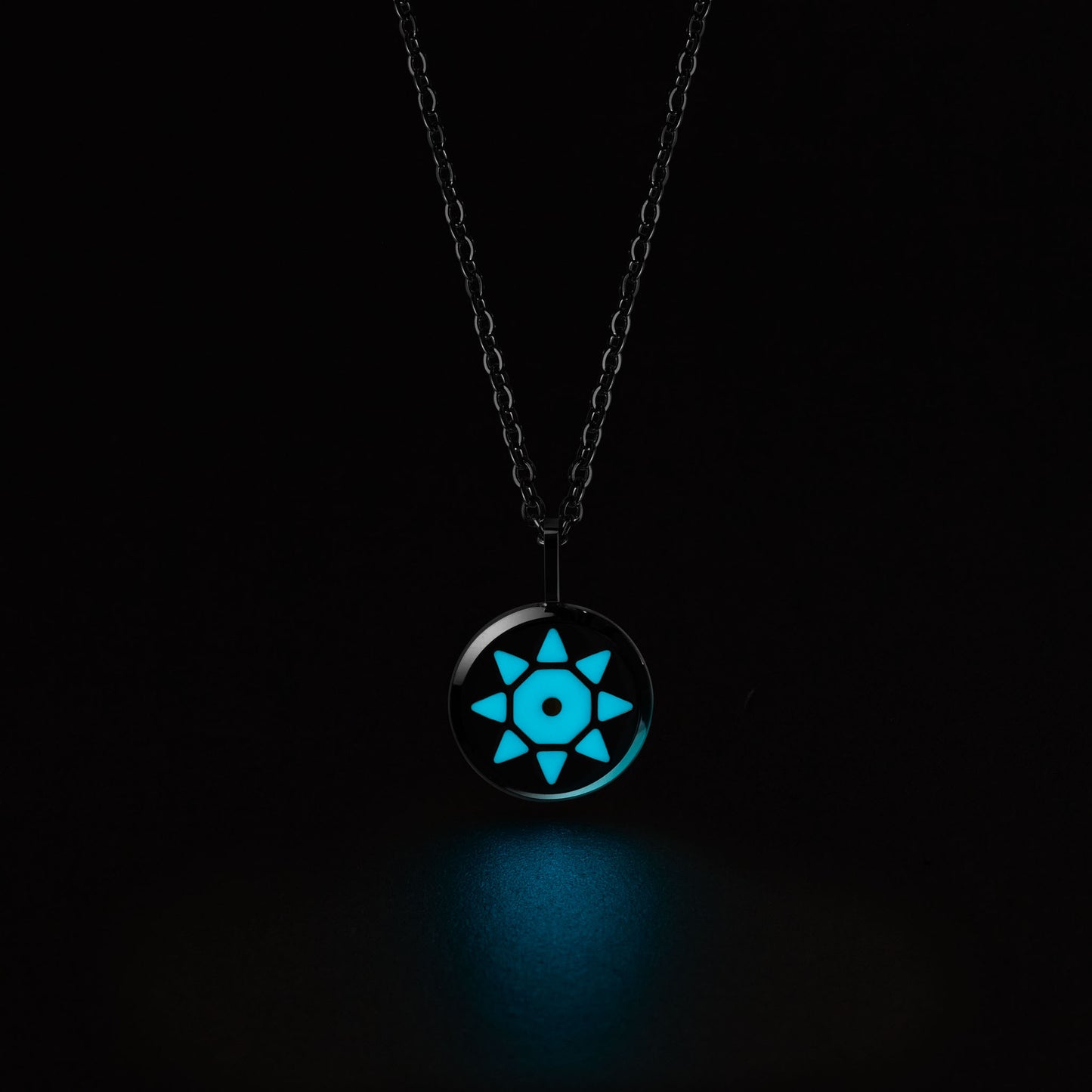 SOLIS Necklace with a glowing blue pendant on a black background