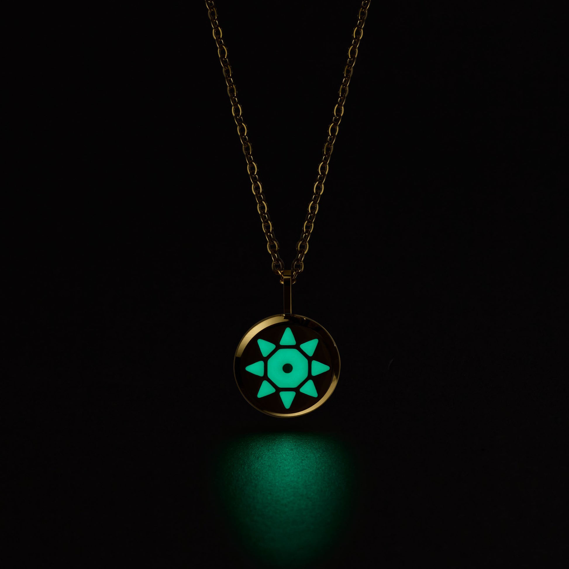 SOLIS Necklace with a glowing pendant on a black background
