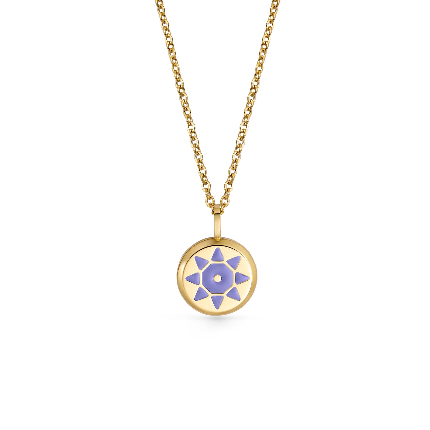 Gold SOLIS necklace with a round pendant featuring a purple design 