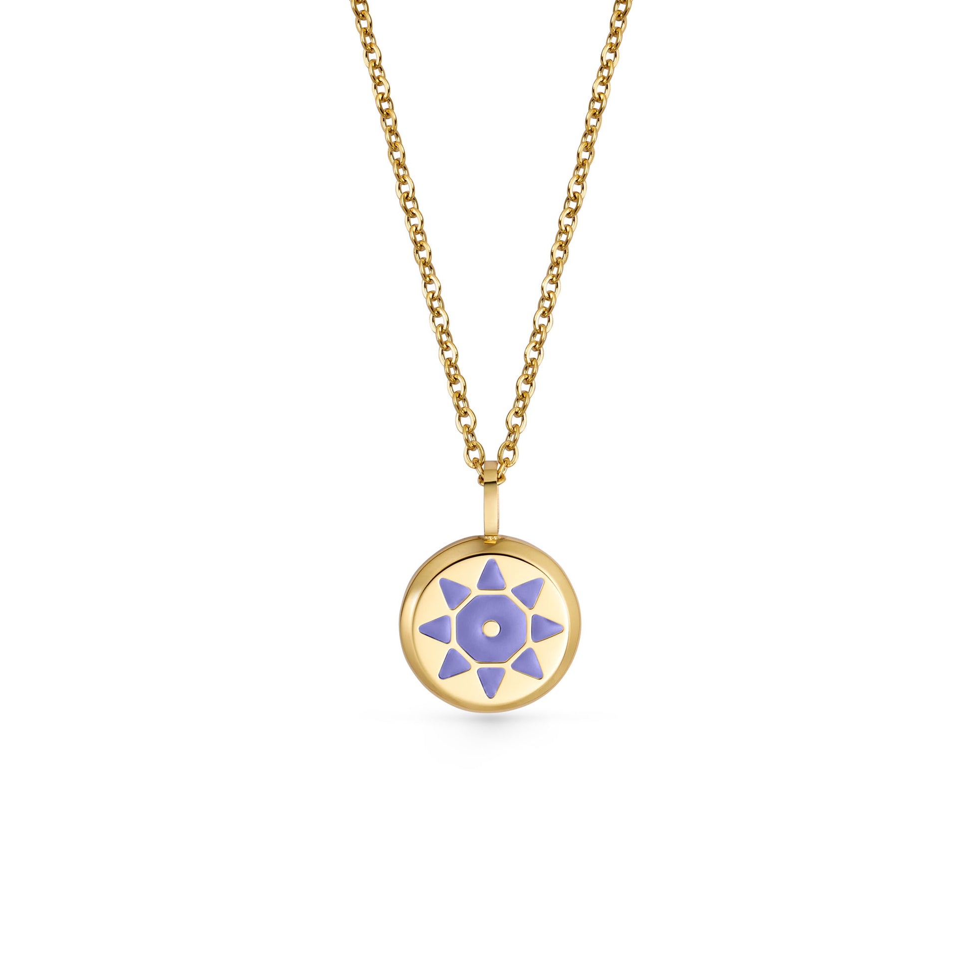 Gold SOLIS necklace with a round pendant featuring a purple design 