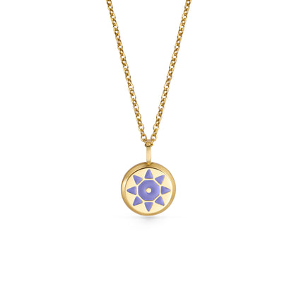 Gold SOLIS necklace with a round pendant featuring a purple design 