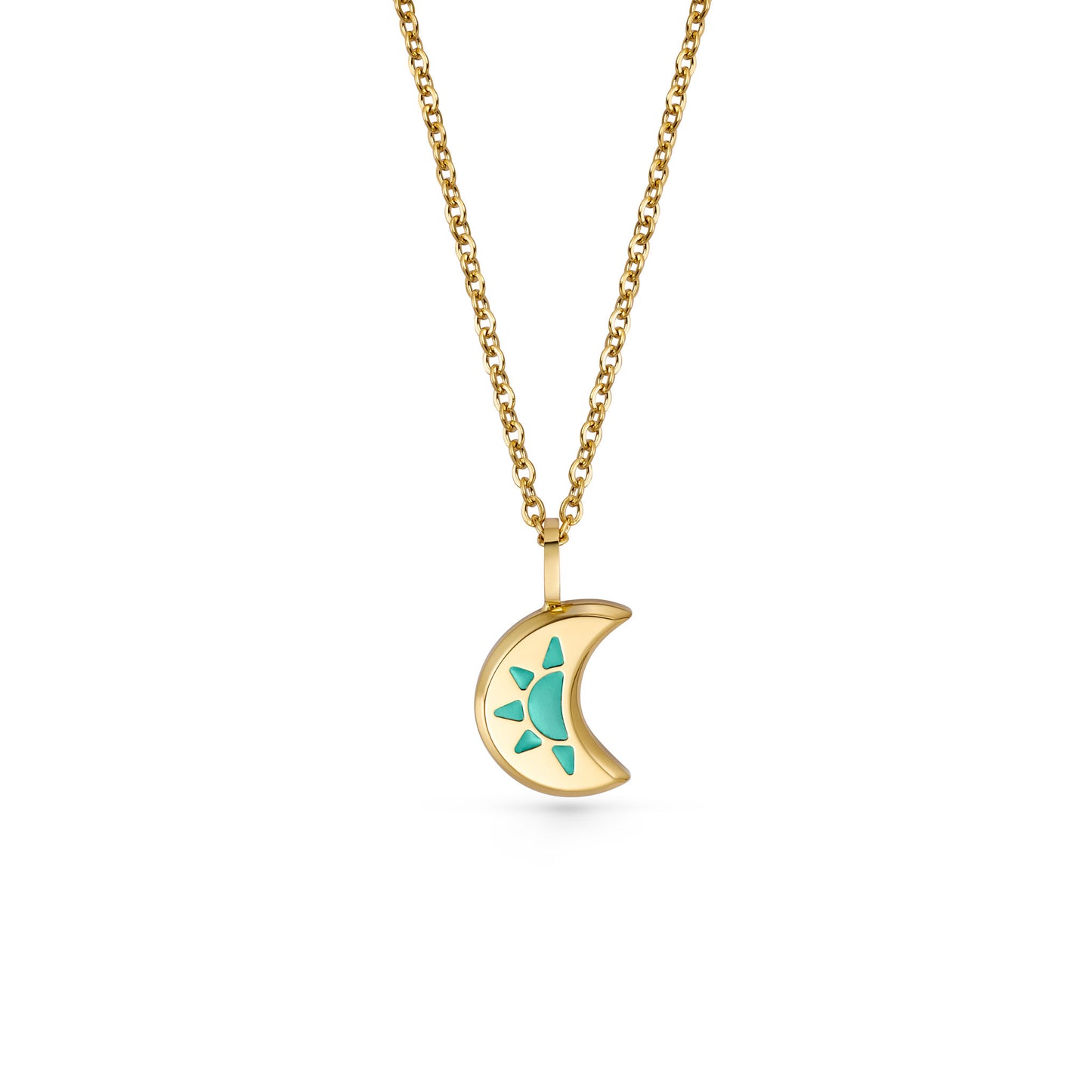 Gold LUNA necklace with a crescent moon pendant featuring a turquoise design 