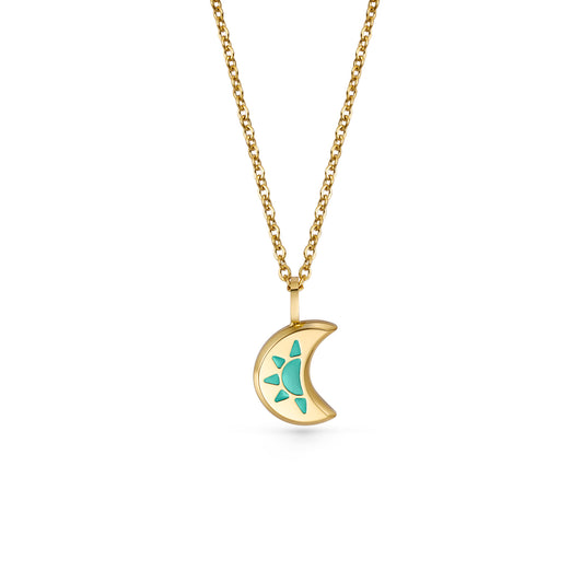 Gold LUNA necklace with a crescent moon pendant featuring a turquoise design 