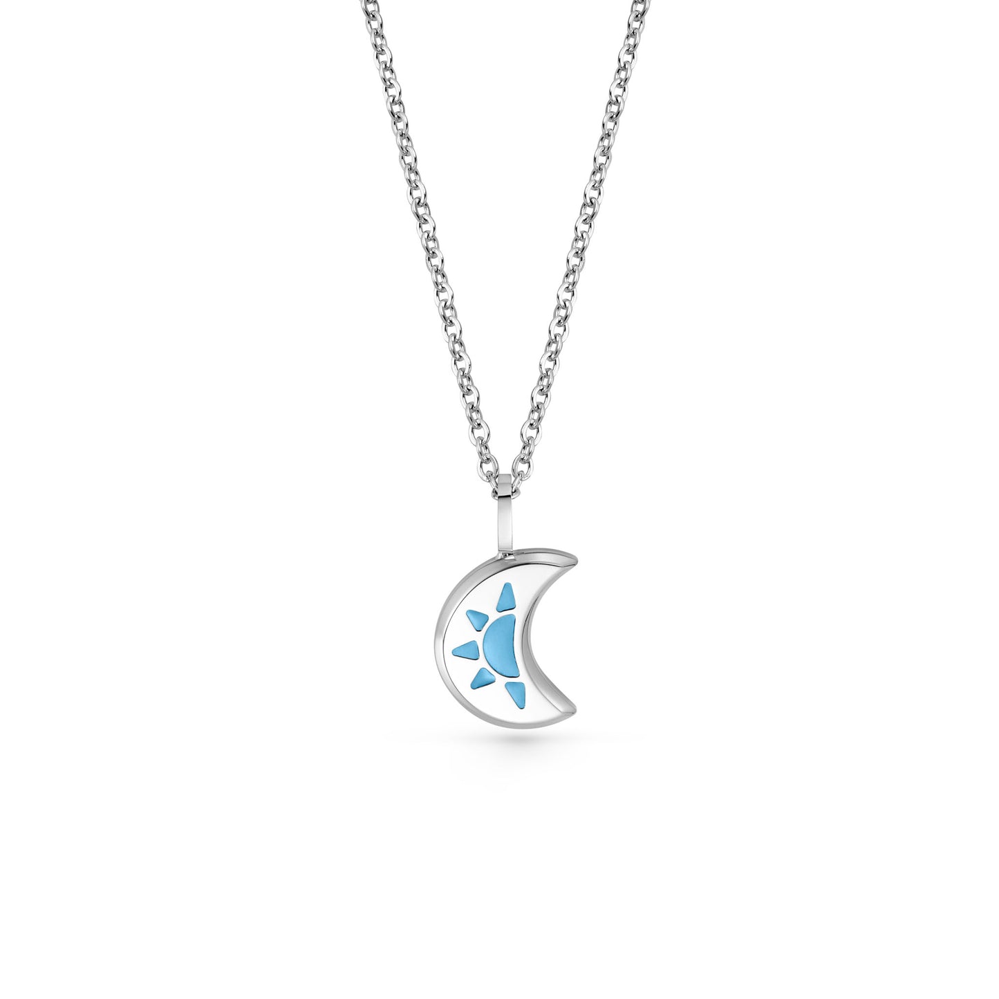Silver LUNA necklace with a crescent moon pendant featuring a blue sun design 