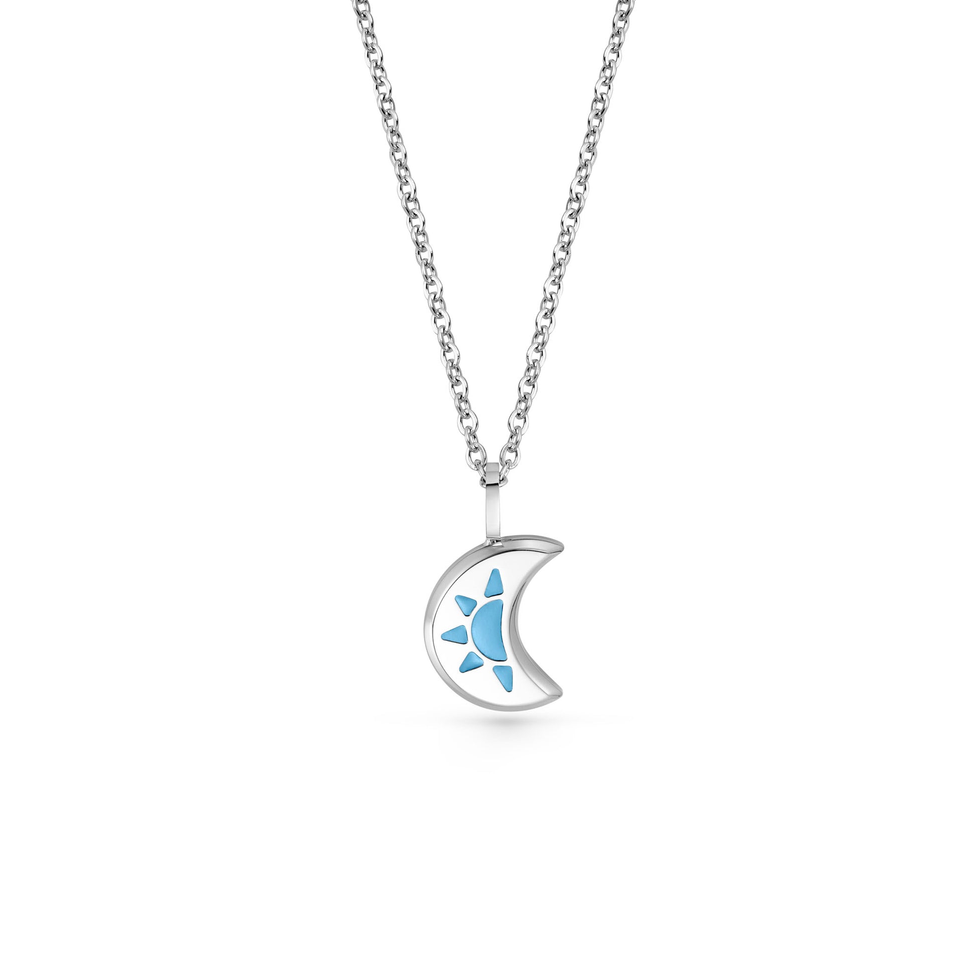 Silver LUNA necklace with a crescent moon pendant featuring a blue sun design 