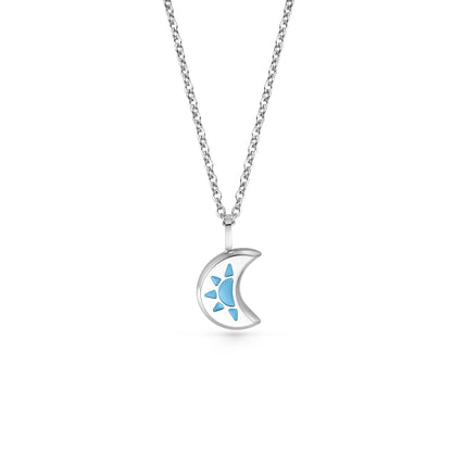Silver LUNA necklace with a crescent moon pendant featuring a blue sun design 