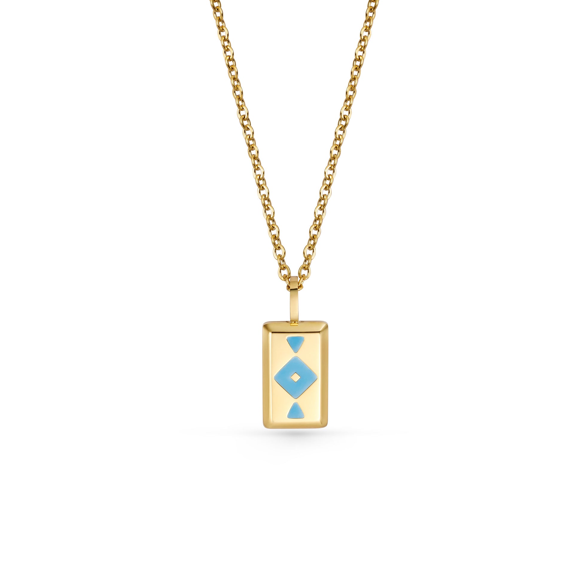 Gold GAIA necklace with a rectangular pendant featuring a blue design on a white background