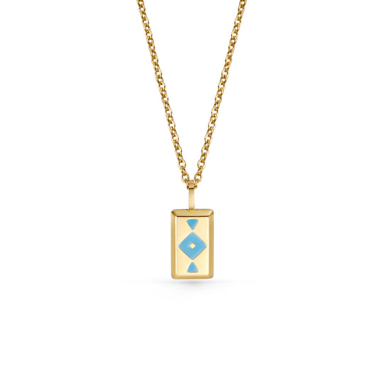 Gold GAIA necklace with a rectangular pendant featuring a blue design on a white background