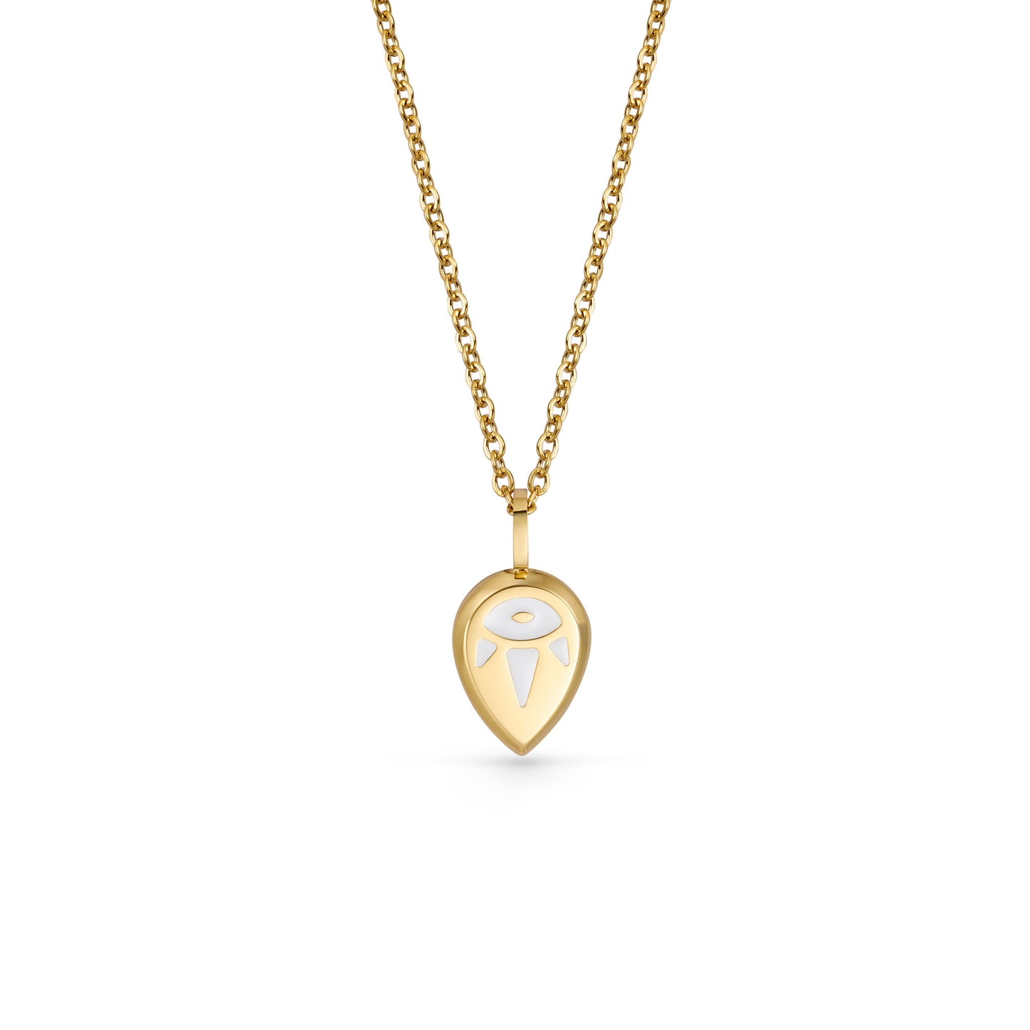 Gold SERENE necklace with a teardrop-shaped pendant on a white background