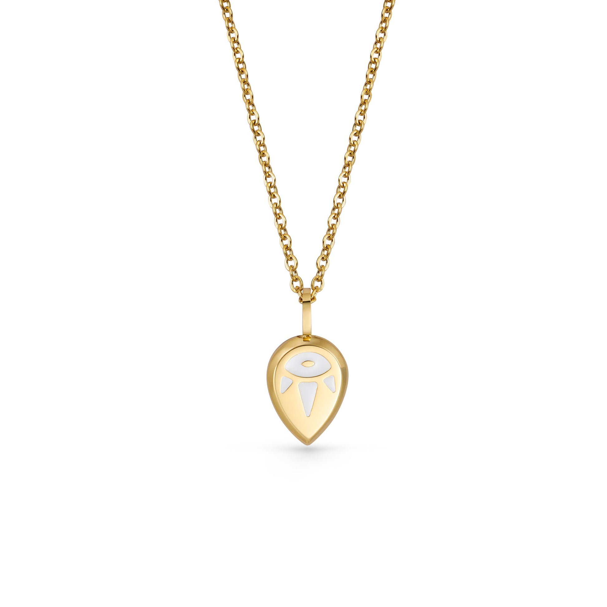 Gold SERENE necklace with a teardrop-shaped pendant on a white background