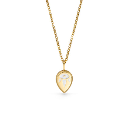 Gold SERENE necklace with a teardrop-shaped pendant on a white background